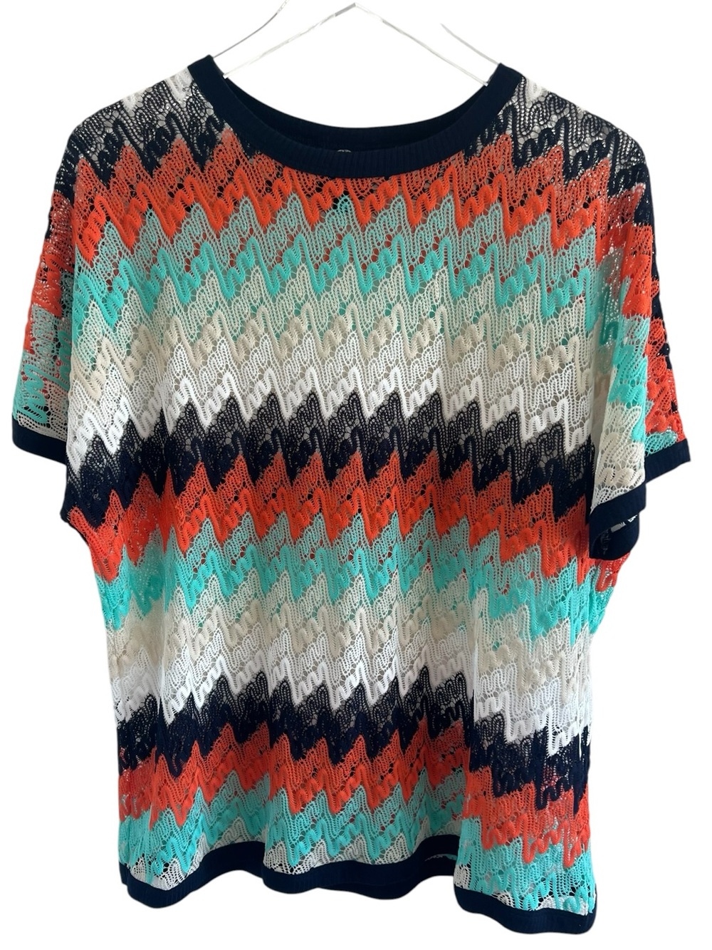 bobeau Navy, Coral & Teal Lace Overlay Top